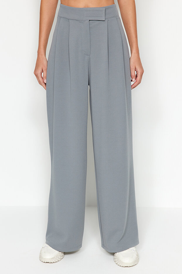 Yunus Gri Cırt Cırt Kapamalı Yüksek Bel Pileli Wide Leg/Geniş Kesim Örme Pantolon TWOAW24PL00177 - 1