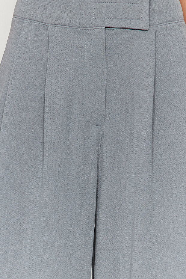 Yunus Gri Cırt Cırt Kapamalı Yüksek Bel Pileli Wide Leg/Geniş Kesim Örme Pantolon TWOAW24PL00177 - 4