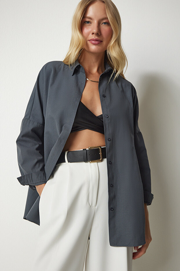 Damska długa koszula basic w kolorze dymionym oversize DD00842 - 1