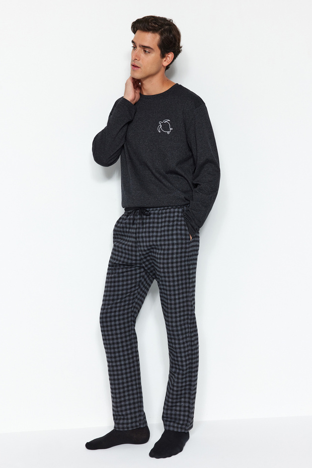 Siyah Regular Fit Rahat Kalıp Ekose Dokuma Unisex Pijama Altı Eşofman TMNAW24PJ00020 - 3