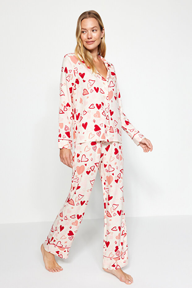 Kadın Mini Me/Anne Kız Çok Renkli Kalpli Biyeli Viskon Dokuma Pijama Takımı THMAW24PT00091 - 2