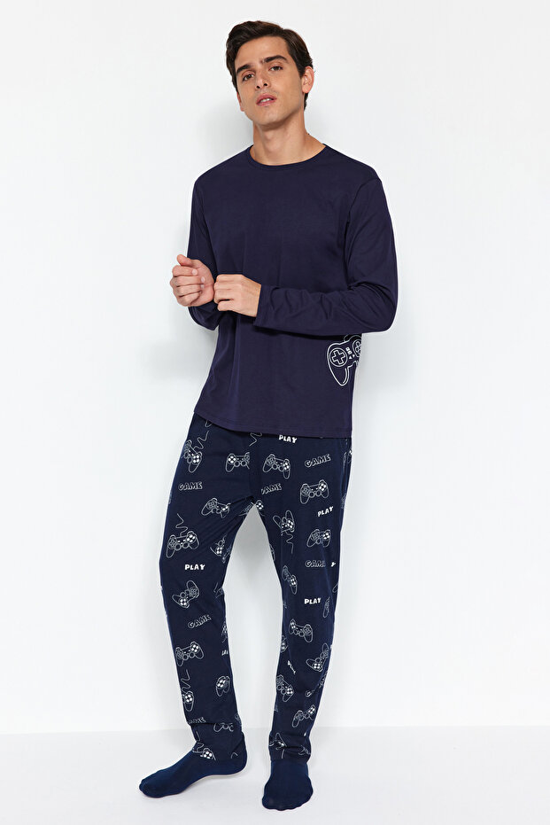 Lacivert Regular Fit Baskılı Örme %100 Pamuk Pijama Takımı TMNAW24PT00012 - 1