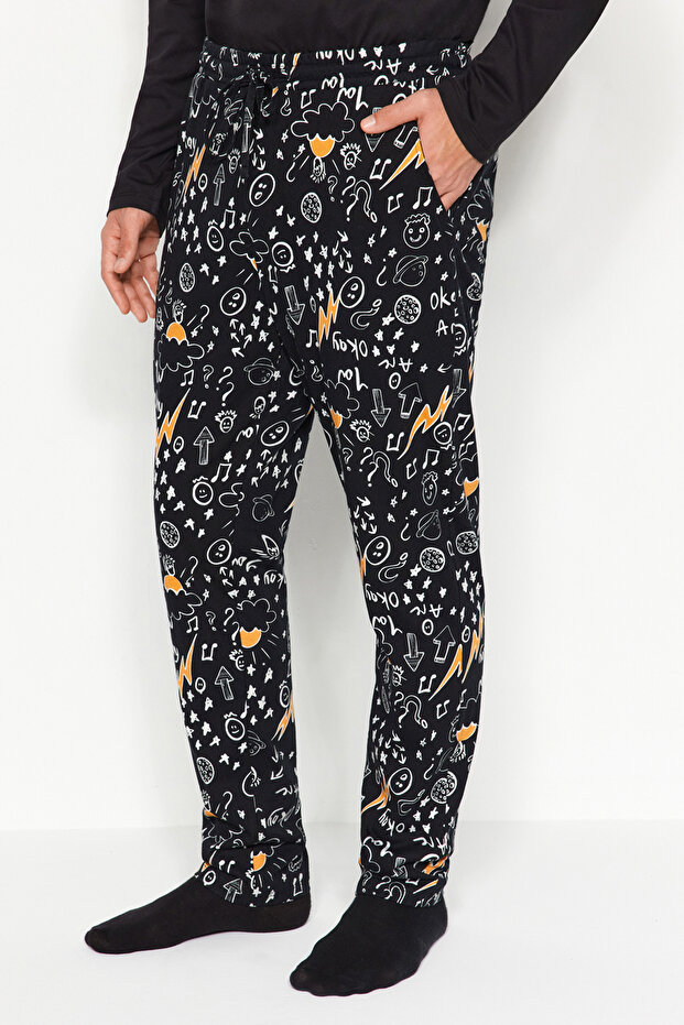 Siyah Regular Fit Nakışlı Örme %100 Pamuk Pijama Takımı TMNAW24PT00025 - 5