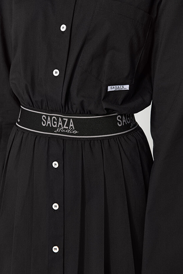 X Sagaza Studio Siyah Belden Açılan/Skater Beli Lastikli Piliseli Poplin Elbise TCLAW24EL00000 - 4