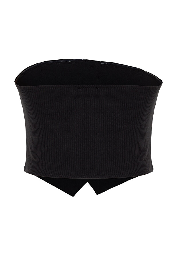 Siyah Straplez Düğme Detaylı Crop Dokuma Bluz TWOAW24BZ00421 - 14