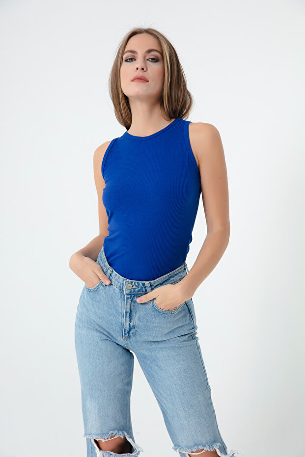 Kadın Saks Askılı Örme Bluz - 2