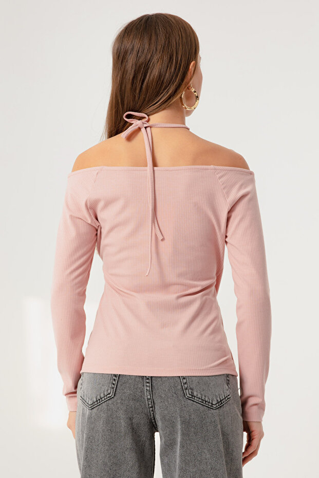 Kadın Pudra Bağlamalı Örme Bluz - 5