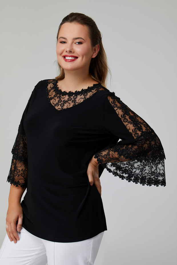 Plus Size Blouse with Lace and Flower Motif Detail