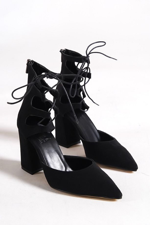 Bilekten Bağcıklı Siyah Kalın Topuklu Stiletto - 5