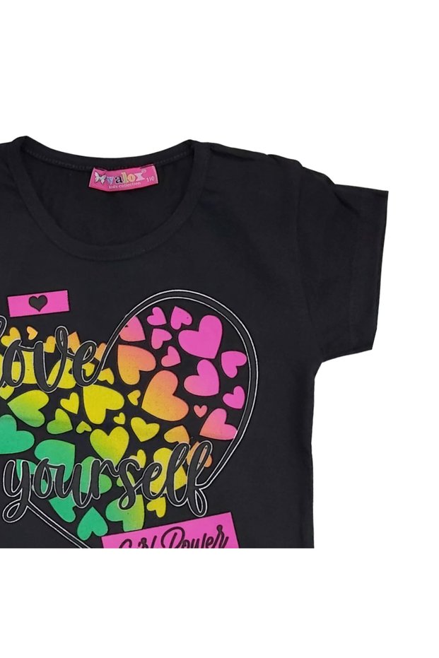 Girl's Crew Neck Cotton Heart Printed Black T-Shirt