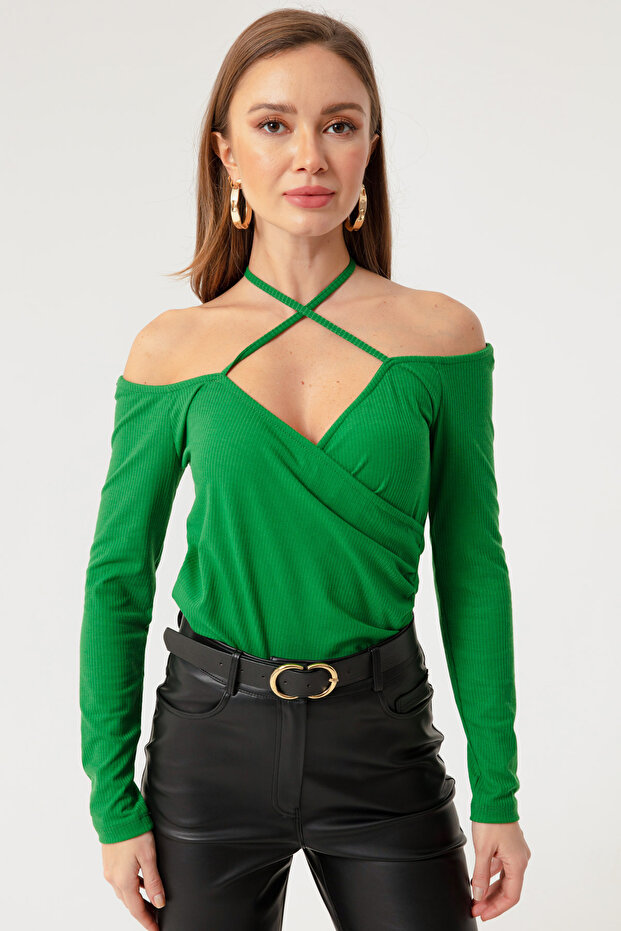 Kadın Yeşil Bağlamalı Örme Bluz - 4
