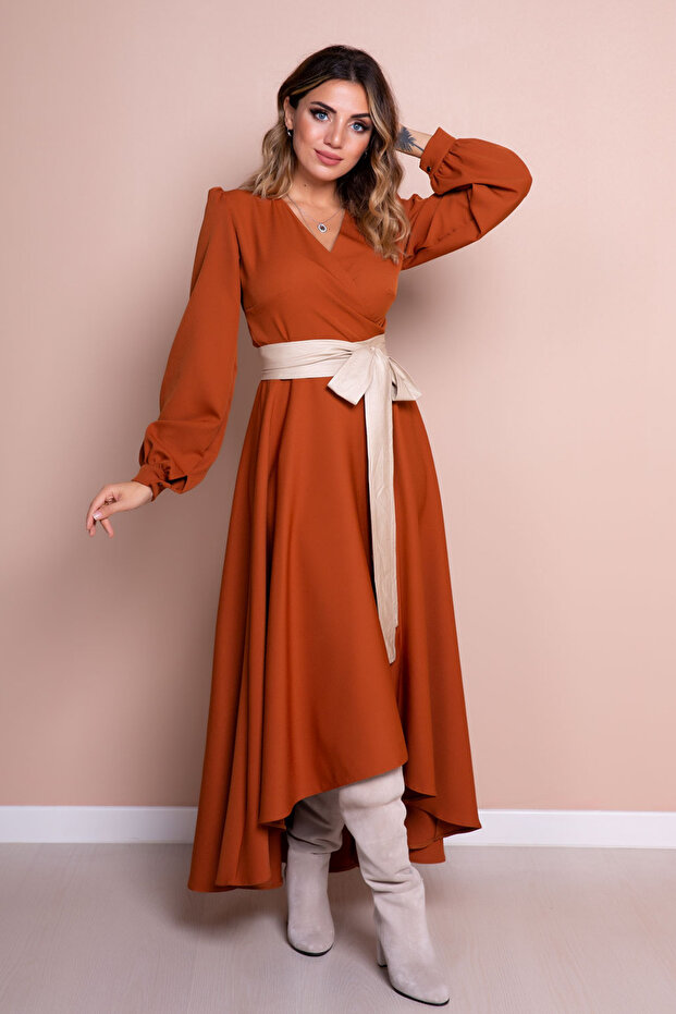 Cinnamon Asymmetrical Cut Cream Faux Belt Accessory Long Sleeve Double Breasted Pattern Dress