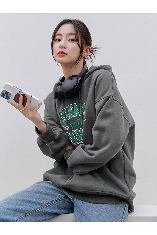Women's Anthracite Satisfactory Printed Oversize Hooded Sweatshirt