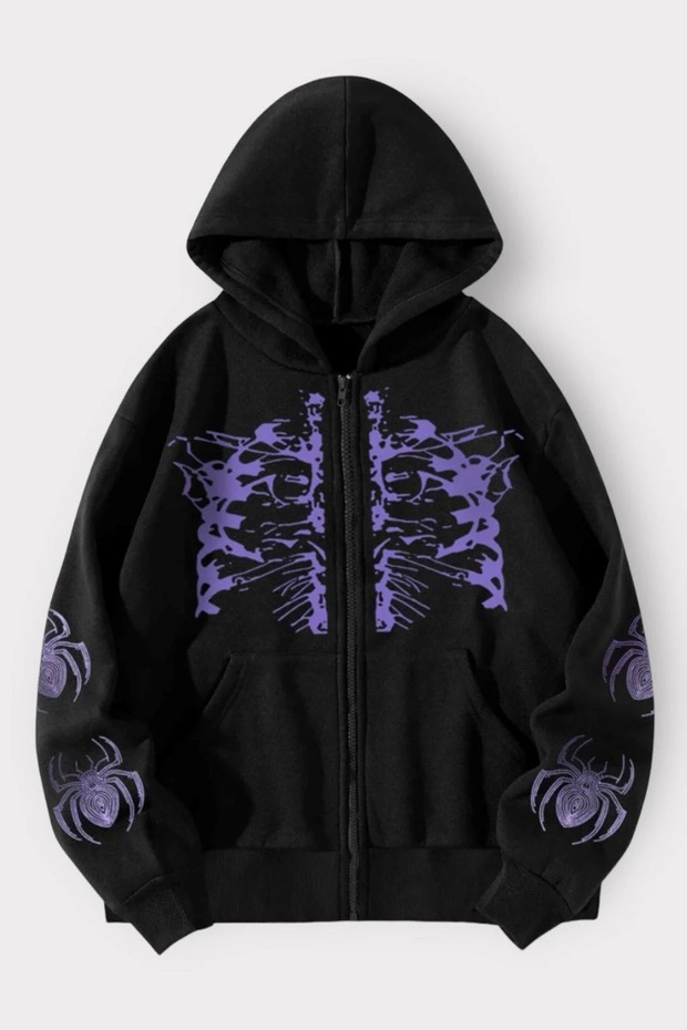 Black 2 Thread Rose Gold Spider Sleeve Printed Skeleton Cardigan