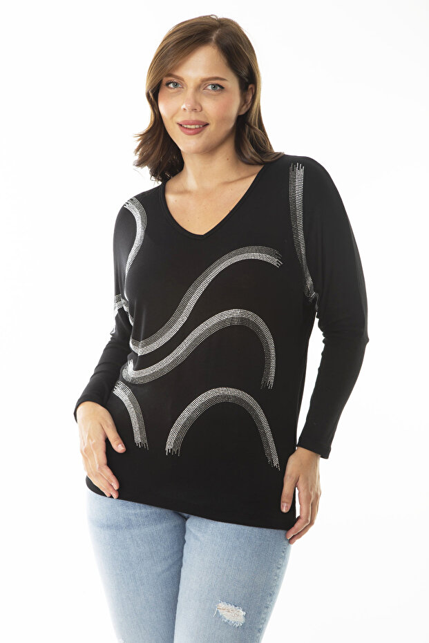 Women's Large Size Black Stone Detailed V-Neck Long Sleeve Blouse 65N36861
