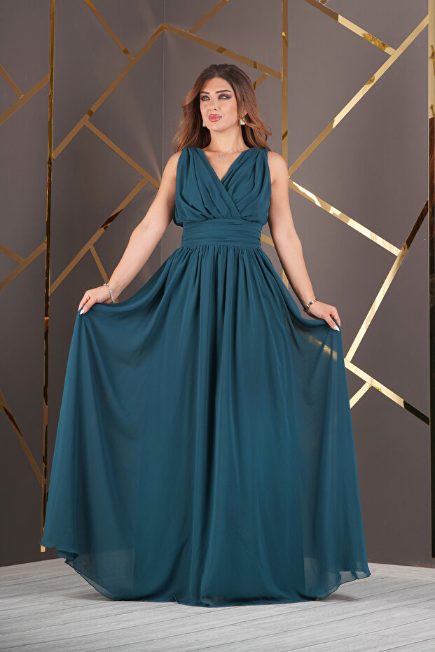 Chiffon Design Sleeveless V Low-cut Long Dress Evening Dress