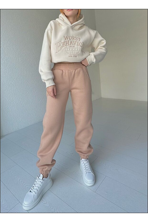 Women's Vison Cotton Set Oversize Hooded Drawstring Waist Crop Sweatshirt101135