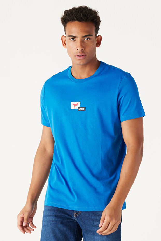 Men's Cobalt Blue Standard Fit Regular Cut Crew Neck 100% Cotton Logo T-Shirt