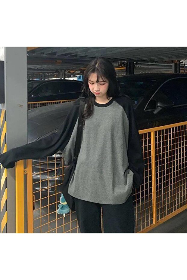 Basic Siyah Gri Raglan Uzun Kollu Tshirt - 1