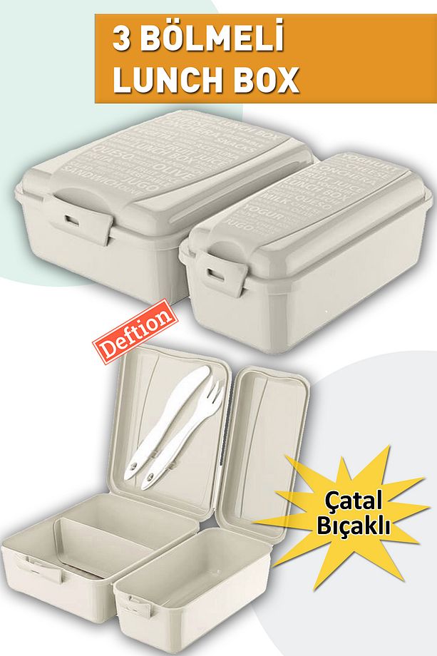Krem 3 Bölmeli Çatal Kaşıklı Lunch Box Beslenme Kutusu Çantası Lunchbox Yemek Seti - 1