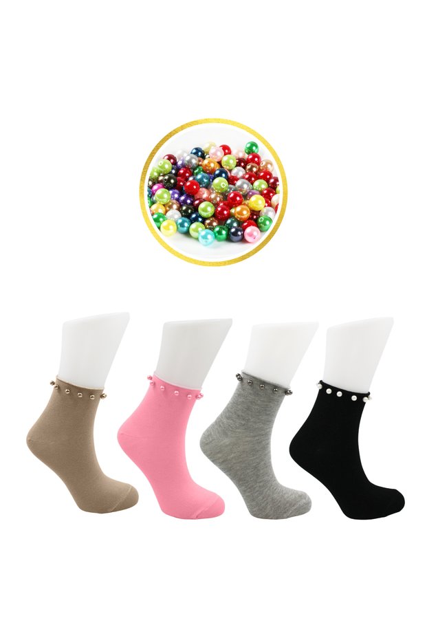Women's Multicolored Half Conch Cotton Socks with Bead Detail Pack of 4