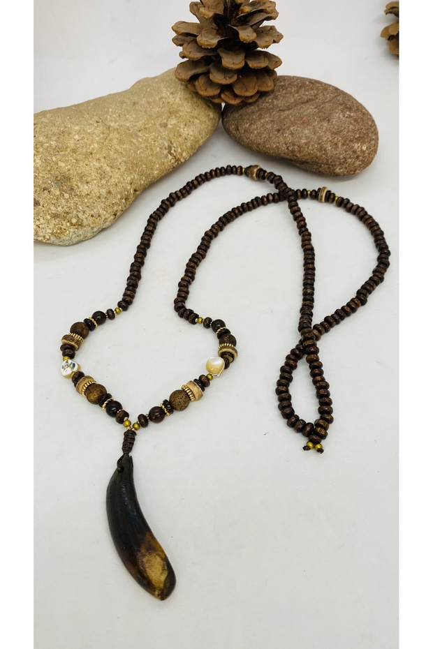 Handmade Bone Tip, Wooden Bead Unisex Long Necklace