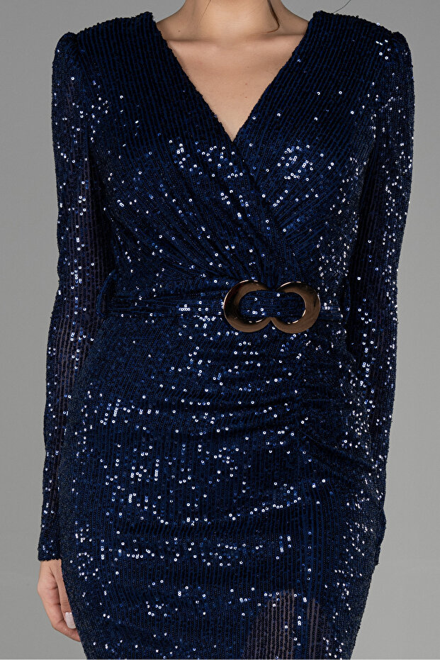 Lacivert Uzun Kol Yırtmaçlı Pullu Midi Davet Elbisesi ABK1808 - 3