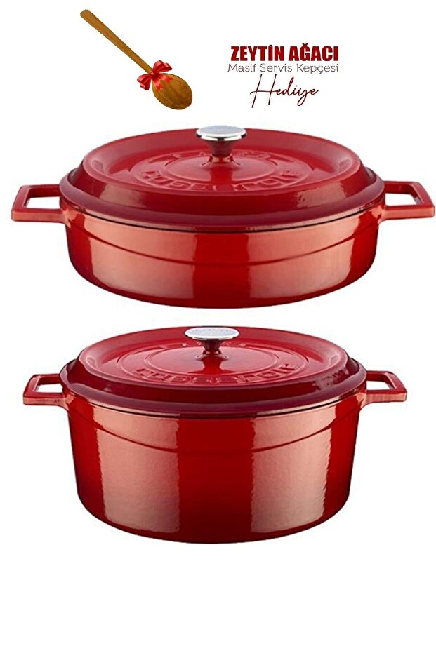 Red Deep Rectangular Cast Iron Saucepan Set 24 cm - 1