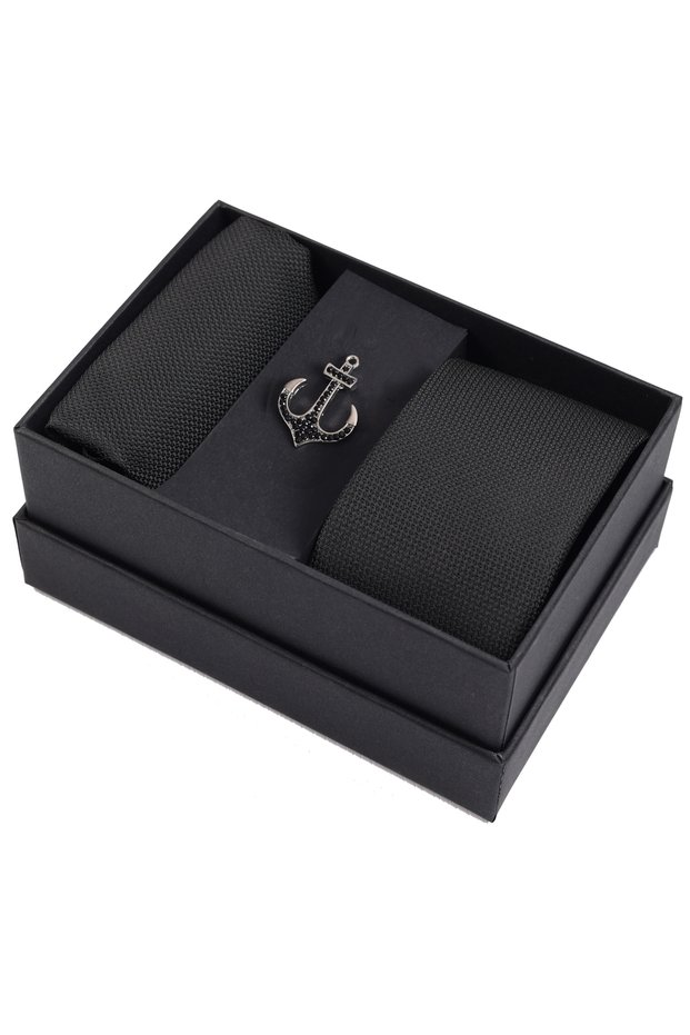 Black Slim Tie Handkerchief & Silver Color Anchor Brooch Men's Gift Set