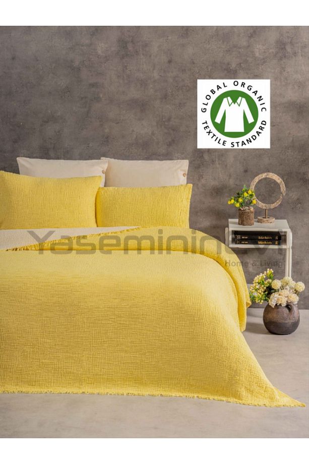 Limon Sarısı - Ekru Tek Kişilik 4 Kat Müslin Yatak Örtüsü %100 Pamuk - 1