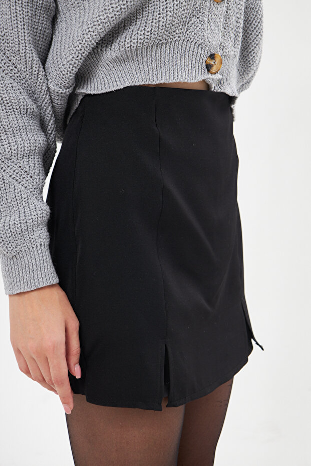 Siyah Çift Yırtmaçlı Mini Şort Etek - 6