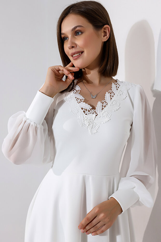 Şifon Kol Önü Simli Midi Elbise - 6