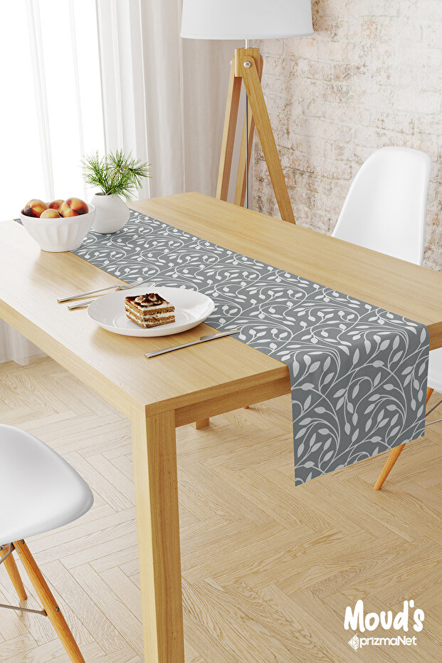 Gray Flora Series Patterned Printed Suede Runner Table Cloth - 1