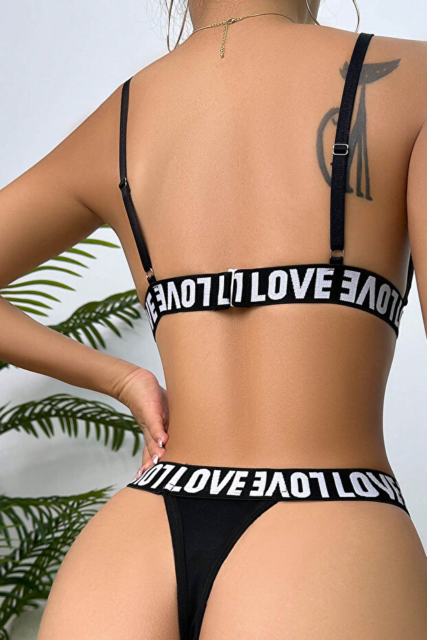 Kadın Siyah Love Yazı Detaylı Harness İç Çamaşır Takımı - 3