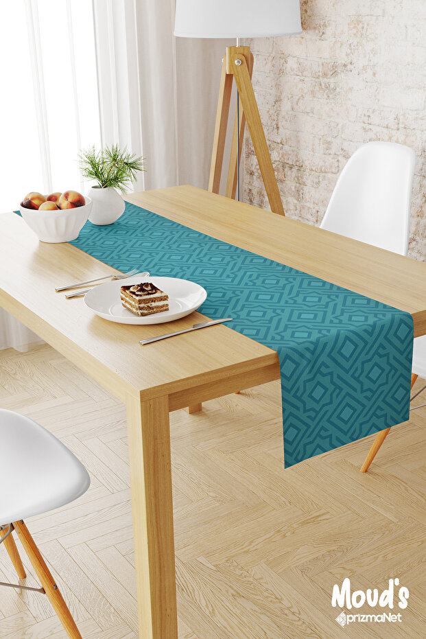 Turquoise Pentagonal Pattern Printed Suede Runner Tablecloth - 1