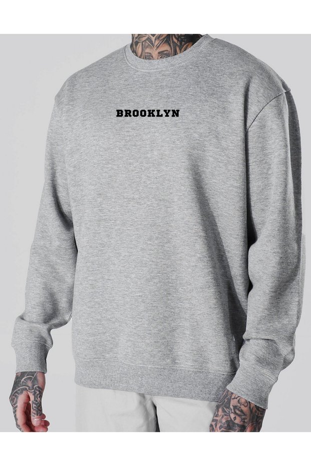 Gray Brooklyn Printed Oversize Crew Neck Sweatshirt with Fleece Inside