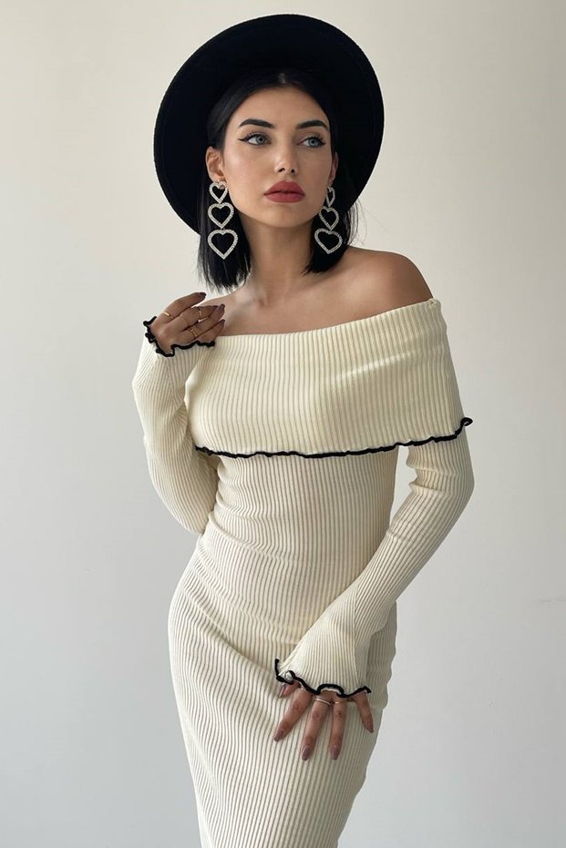 Women's Stretchy Knitwear Fabric Madonna Collar Long Sleeve Midi Length Pencil Cut Beige Knitwear Dress 175