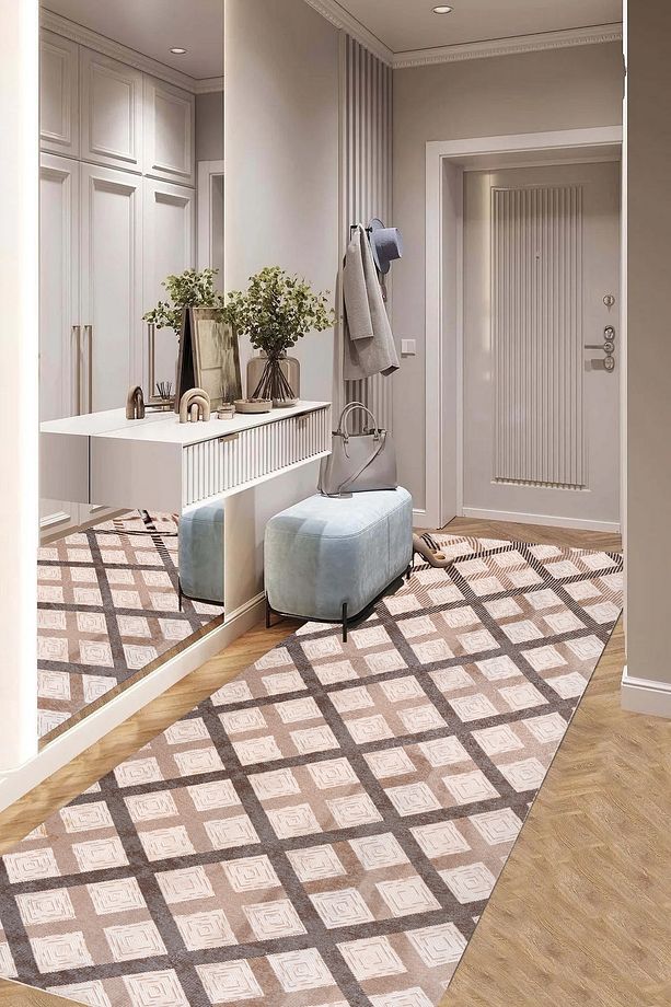 Yıkanabilir Kaymaz Taban Bej Salon Halısı Mutfak Halısı Yolluk - 1