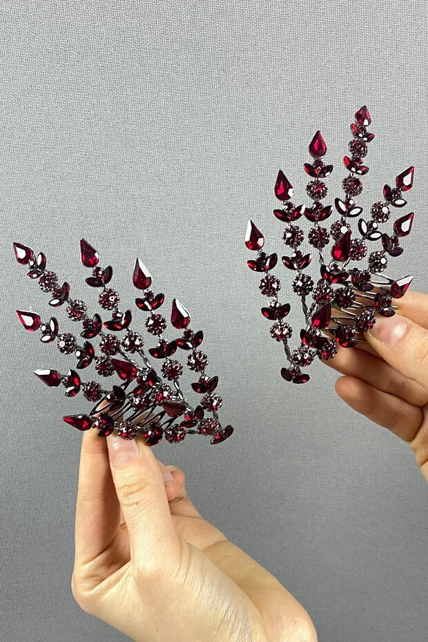 Burgundy Double Sided Helenist Bridal Hair Accessory for the Most Beautiful Brides – Crown, Crystal Stone, Stylish Model