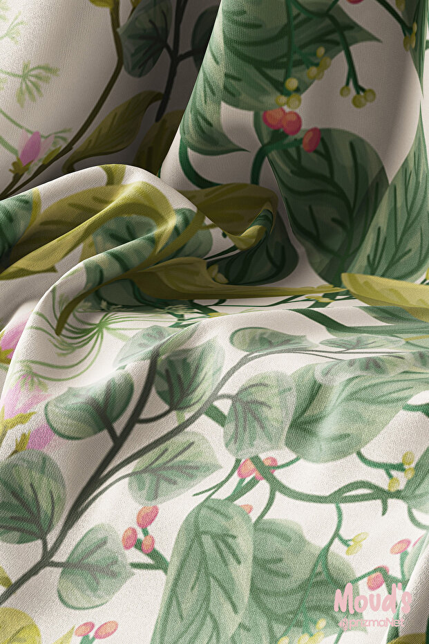 Green Cream Branches Pattern Printed Suede Runner Tablecloth - 3