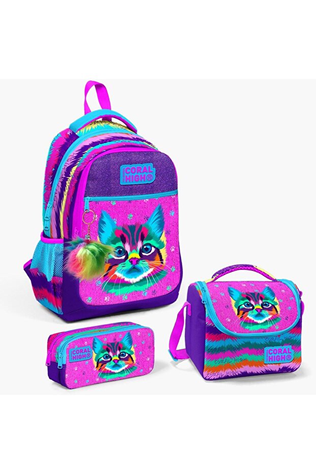 Coral High Kids 3-Piece Purple Pink Cat Patterned Backpack Set