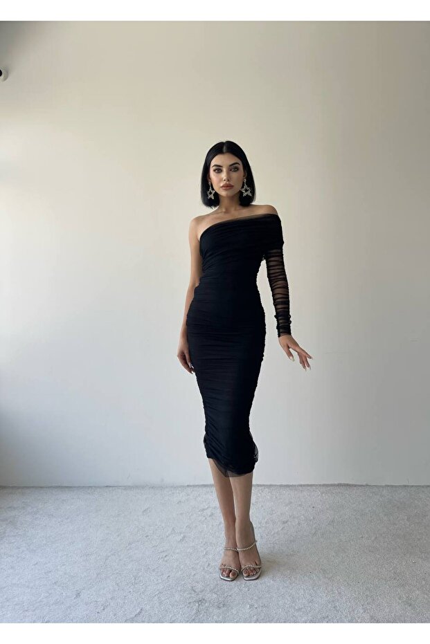 Tek Kol Drape Tül Siyah Elbise - 3