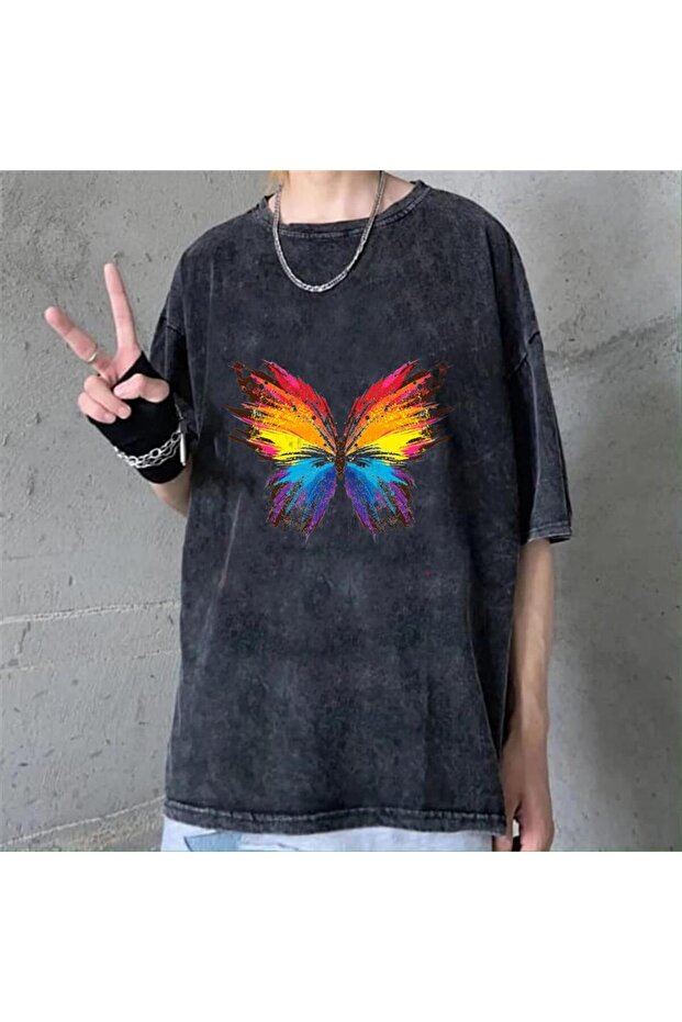 Washable Rainbow Butterfly Unisex Distressed T-shirt