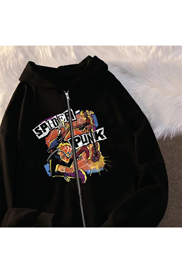 سترة بقلنسوة سوداء كبيرة الحجم مطبوعة بسحاب للجنسين من Spider Punk
