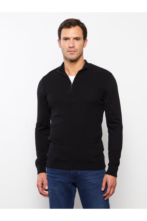 Lcwaikiki Classic Burnt Orange Zippered High Collar Long Sleeve Men's Knitwear Sweater (W3)