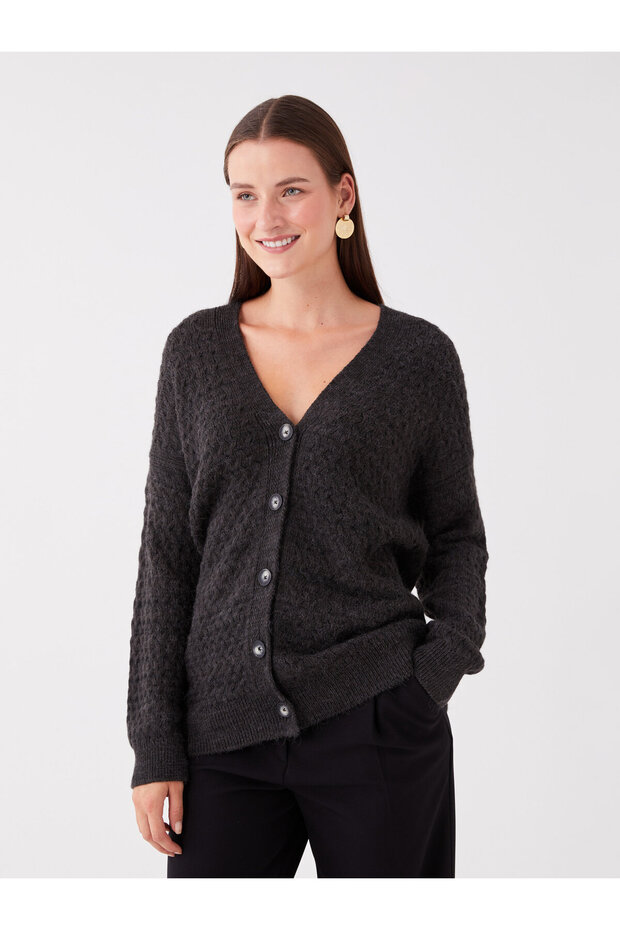 Long Sleeve V-Neck Patterned Women's Knitwear Cardigan
