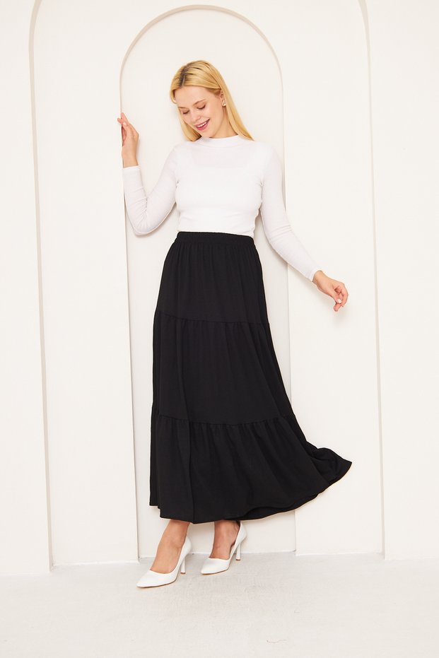 Black Seasonal Layered Comfortable Skirt, Cotton Long Skirt, Casual Size Skirt, Casual Skirt, Hijab Skirt