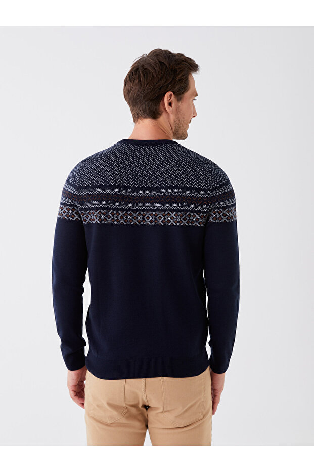 Bisiklet Yaka Uzun Kollu Desenli Erkek Triko Kazak - 5