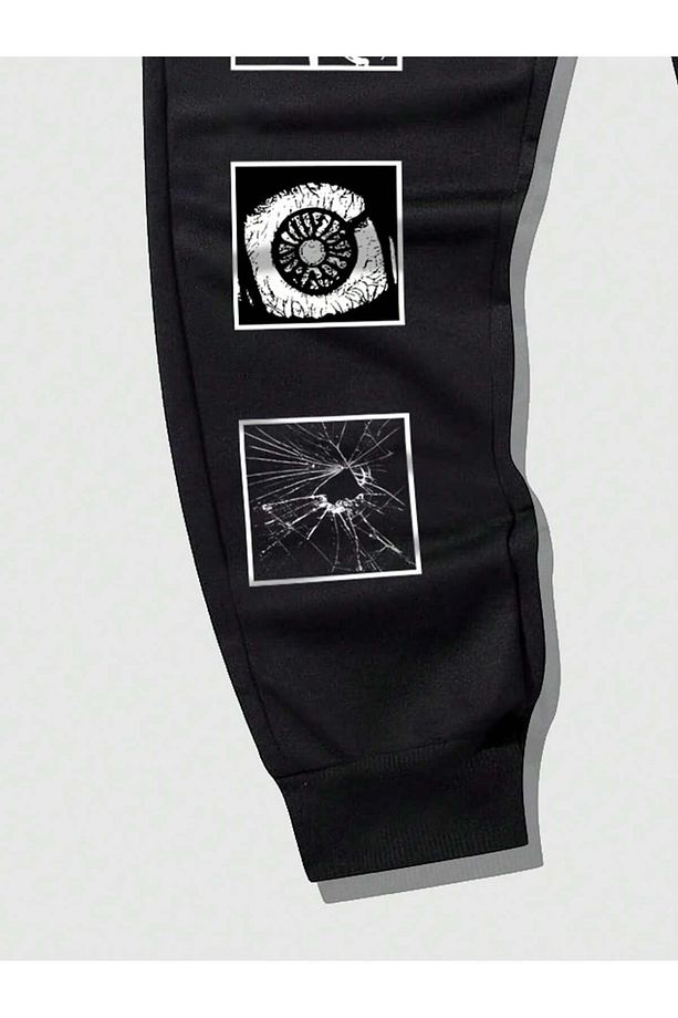 Goth Guys Slogan & Skull & Spider Graphic Drawstring Waist Eşofman Altı - 4