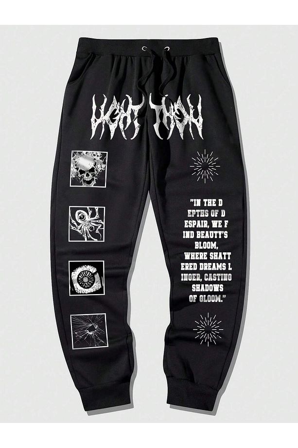 Goth Guys Slogan & Skull & Spider Graphic Drawstring Waist Eşofman Altı - 1